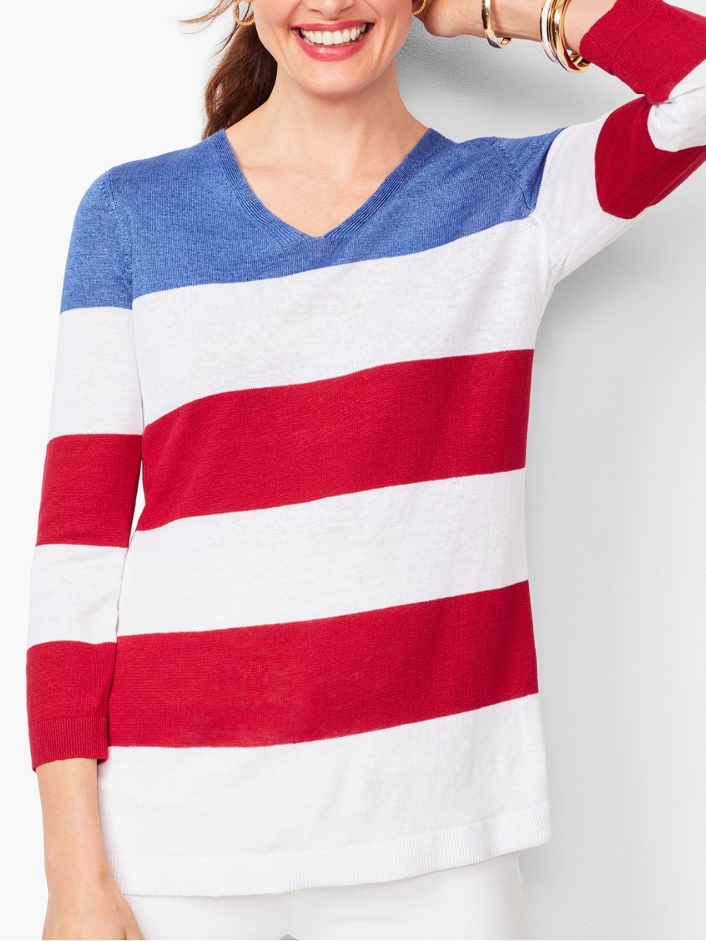 Talbots Petite Flag Striped Sweater Red Blue White V-Neck Lightweight Cotton MP
